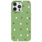 Casen iPhone 14 Pro ile Uyumlu Yeşil Silikon Kılıf, Kiraz ve Çiçek Desenli, Kamera Korumalı