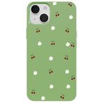 Casen iPhone 15 ile Uyumlu Yeşil Silikon Kılıf, Kiraz ve Çiçek Desenli, Kamera Korumalı