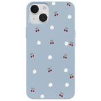 Casen iPhone 15 Plus ile Uyumlu Mavi Silikon Kılıf, Kiraz ve Çiçek Desenli, Kamera Korumalı