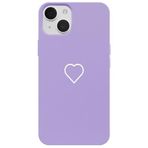 Casen iPhone 15 Plus ile Uyumlu Mor Silikon Kılıf, Beyaz Kalp Desenli, Kamera Korumalı