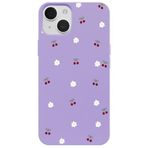 Casen iPhone 15 Plus ile Uyumlu Mor Silikon Kılıf, Kiraz ve Çiçek Desenli, Kamera Korumalı