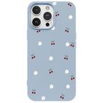 Casen iPhone 15 Pro Max ile Uyumlu Mavi Silikon Kılıf, Kiraz ve Çiçek Desenli, Kamera Korumalı