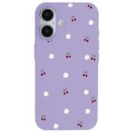 Casen iPhone 16 ile Uyumlu Lila Silikon Kılıf, Kiraz ve Çiçek Desenli, Kamera Korumalı