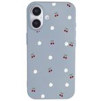 Casen iPhone 16 ile Uyumlu Mavi Silikon Kılıf, Kiraz ve Çiçek Desenli, Kamera Korumalı