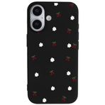 Casen iPhone 16 ile Uyumlu Siyah Silikon Kılıf, Kiraz ve Çiçek Desenli, Kamera Korumalı