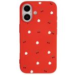 Casen iPhone 16 Plus ile Uyumlu Kırmızı Silikon Kılıf, Kiraz ve Çiçek Desenli, Kamera Korumalı