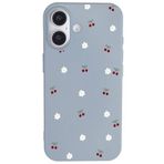 Casen iPhone 16 Plus ile Uyumlu Mavi Silikon Kılıf, Kiraz ve Çiçek Desenli, Kamera Korumalı