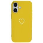Casen iPhone 16 Plus ile Uyumlu Sarı Silikon Kılıf, Beyaz Kalp Desenli, Kamera Korumalı