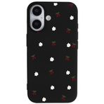 Casen iPhone 16 Plus ile Uyumlu Siyah Silikon Kılıf, Kiraz ve Çiçek Desenli, Kamera Korumalı
