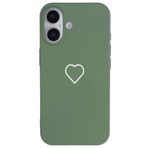 Casen iPhone 16 Plus ile Uyumlu Yeşil Silikon Kılıf, Beyaz Kalp Desenli, Kamera Korumalı