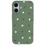 Casen iPhone 16 Plus ile Uyumlu Yeşil Silikon Kılıf, Kiraz ve Çiçek Desenli, Kamera Korumalı
