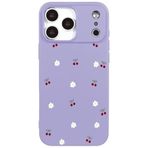 Casen iPhone 17 Pro Max ile Uyumlu Mor Silikon Kılıf, Kiraz ve Çiçek Desenli, Kamera Korumalı