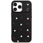 Casen iPhone 17 Pro Max ile Uyumlu Siyah Silikon Kılıf, Kiraz ve Çiçek Desenli, Kamera Korumalı