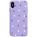 Casen iPhone XS ile Uyumlu Mor Silikon Kılıf, Kiraz ve Çiçek Desenli, Kamera Korumalı