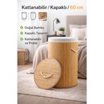 cashen Katlanabilir Bambu Çamaşır Sepeti Kapaklı 60 cm Doğal Şık Kirli Sepeti Organizer