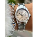 Casio Çelik Kordon,Gümüş Renk, Bej Roma Rakamlı Kadran, Takvimli Kadın Kol Saati+Bileklik