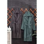 Casnack Quina 2Li Kapüşonlu Oversize Bornoz Seti - Antrasit - Yeşil - S - M