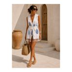 CASPARA Kadın Marin Blue Viskon Plaj Elbisesi I Organik Pamuklu Pareo Kapüşonlu Beachwear Yelek Yazlık
