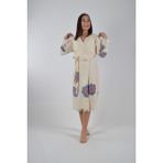 Caspara Kadın Mavi Ethnic Flower Desen Pamuklu Peştemal Kapüşonlu Müslin Bornoz Kimono Hafif Plaj & Banyo Bornozu - S - M - Mavi - Beyaz