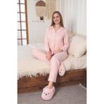 Caspara Kadın Pembe Çizgili Düğmeli Pamuklu Ultrasoft Milan Pijama Takımı Rahat Kesim Şık Gecelik Sabahlık - M