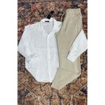 CAST COLLECTİON Erkek Beyaz Müslin Keten Karışımlı Gömlek&Bej Müslin Pantolon Takım