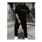 CAST COLLECTİON Erkek Siyah Çizgili Paris Baskılı Oversize Tshirt Siyah Yazlık Eşofman Altı Takım
