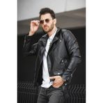 Castries Yandan Fermuarlı Kemerli Slim Fit Erkek Deri Ceket - 2XL - Siyah