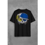 Cat Glasses Gözlüklü Sarı Lacivert Kedi Sırt Ön Baskılı Oversize Tişört Unisex T-Shirt