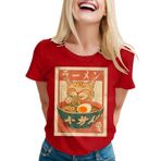 Cat Ramen komik grafik tişörtler kedi anime tişört gömlek kadın bluz tişört kadın keten tişört genç kız kıyafeti lastik bel etek tişört turuncu tişört basic tunik, Kırmızı, XL