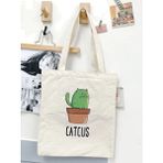Catcus Cute Animal Kore, Y2k Pinterest Retro Unisex Bez Çanta Tote Bag, Shopper Bag - 10D-Krem