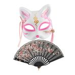 CATIEBYE 1 Set Tilki Maskesi: Katlanır El Yelpazesi Ile Japon Tilki Cosplay Maskesi Kimono Kostüm Aksesuarları Cadılar Bayramı Maskeli Parti Kostümleri İçin