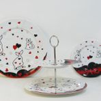 Cats 2 Katlı Porselen Servis Tabağı, Kalp Desenli, 27 cm ve 20 cm, Metal Saplı
