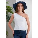 CATSPY Beyaz Crop Tek Omuz Detaylı Kaşkorse Bluz