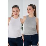 CATSPY Beyaz Gri Zargo Model 2'li Set Fitted Geniş Biyeli Halter Yaka Fitilli Esnek Örme Crop Bluz