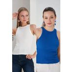 CATSPY Beyaz Saks Mavisi 2'li Fitted/Vücuda Oturan Fitilli Esnek Örme Bluz Set