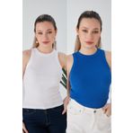 CATSPY Beyaz Saks Mavisi Zargo Model 2'li Set Fitted Geniş Biyeli Halter Yaka Fitilli Esnek Örme Crop Bluz