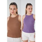 CATSPY Bisküvi Lila 2'li Fitted/Vücuda Oturan Fitilli Esnek Örme Bluz Set