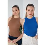 CATSPY Bisküvi Saks Mavi Zargo Model 2'li Set Fitted Geniş Biyeli Halter Yaka Fitilli Esnek Örme Crop Bluz