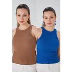 CATSPY Bisküvi Saks Mavisi 2'li Fitted/Vücuda Oturan Fitilli Esnek Örme Bluz Set