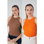 CATSPY Bisküvi Turuncu Zargo Model 2'li Set Fitted Geniş Biyeli Halter Yaka Fitilli Esnek Örme Crop Bluz