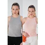 CATSPY Gri Pudra 2'li Fitted/Vücuda Oturan Fitilli Esnek Örme Bluz Set