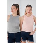 CATSPY Gri Pudra Zargo Model 2'li Set Fitted Geniş Biyeli Halter Yaka Fitilli Esnek Örme Crop Bluz