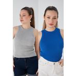 CATSPY Gri Saks Mavisi Zargo Model 2'li Set Fitted Geniş Biyeli Halter Yaka Fitilli Esnek Örme Crop Bluz