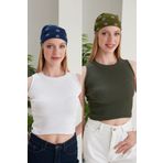 CATSPY Kadın Beyaz Haki Halter Yaka 2'li Crop Bluz