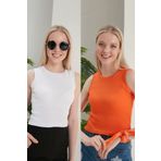 CATSPY Kadın Beyaz Turuncu Halter Yaka 2'li Crop Bluz