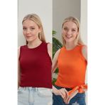 CATSPY Kadın Bordo Turuncu Halter Yaka 2'li Crop Bluz