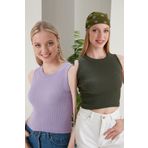 CATSPY Kadın Lila Haki Halter Yaka 2'li Crop Bluz