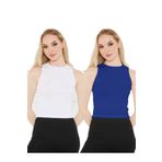 CATSPY Kadın Saks Mavisi Beyaz Halter Yaka 2'li Crop Bluz