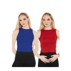 CATSPY Kadın Saks Mavisi Kırmızı Halter Yaka 2'li Crop Bluz