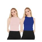 CATSPY Kadın Saks Mavisi Pudra Halter Yaka 2'li Crop Bluz